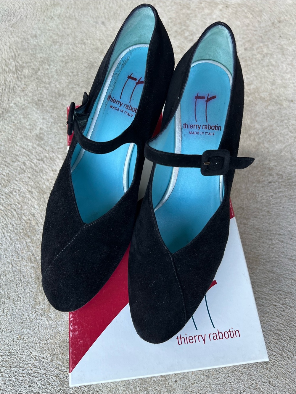 Thierry Rabotin Black Suede Mary Janes with Turquoise Insole